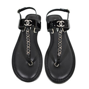 Chanel 22C Black Patent Silver Chain CC Logo Mule Slide Flat Thong Sandal 38.5